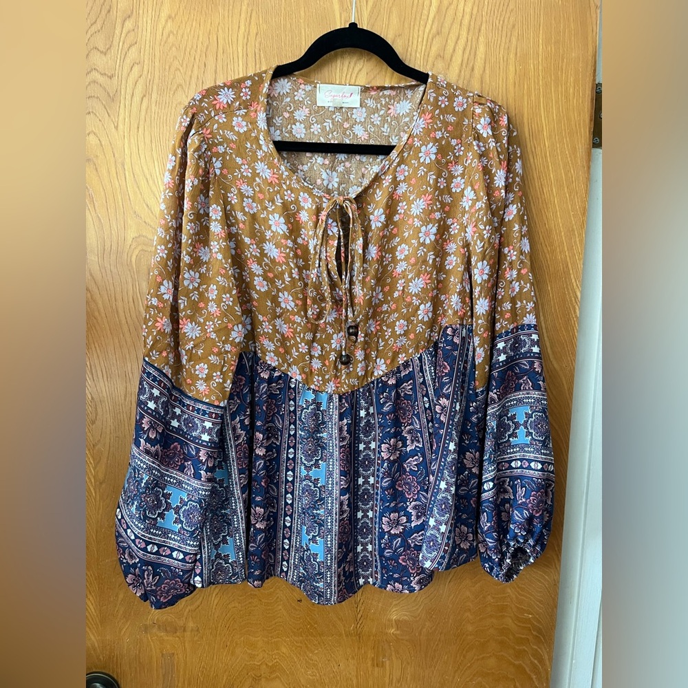 Sugarfix Tan and blue bohemian style Peplum Tunic S